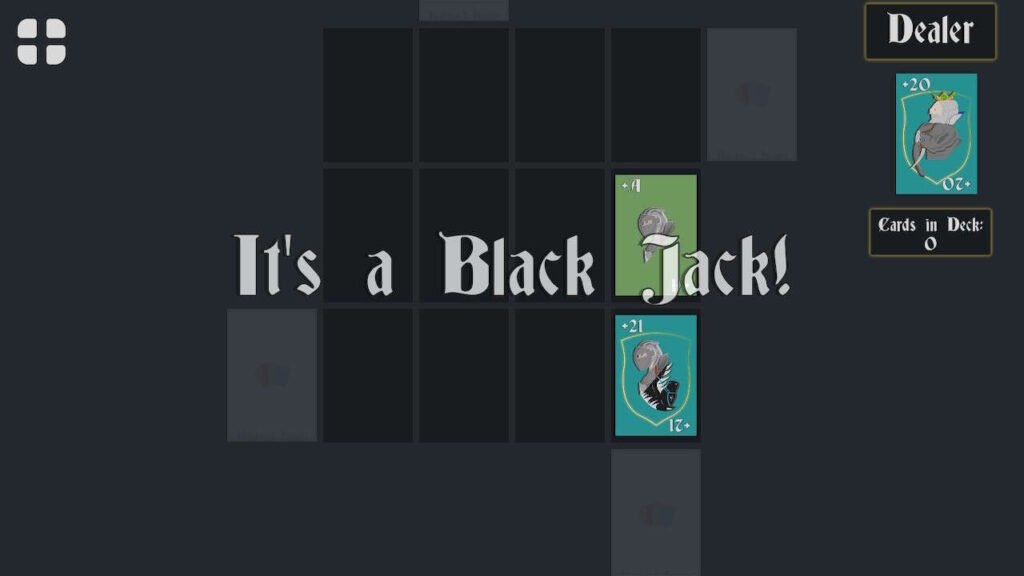 Tabuleiro de cartas ao fundo e a tela celebrando: "It's a Black Jack!"
