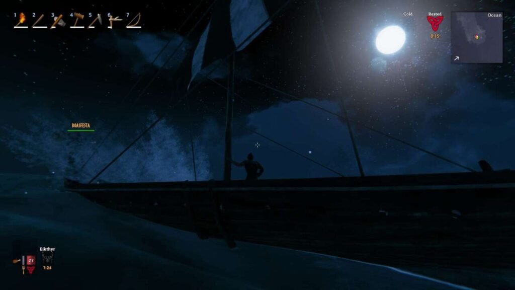 Jogador manejando o mastro de um barco viking, enquanto outro jogador na proa procura terra firme.
