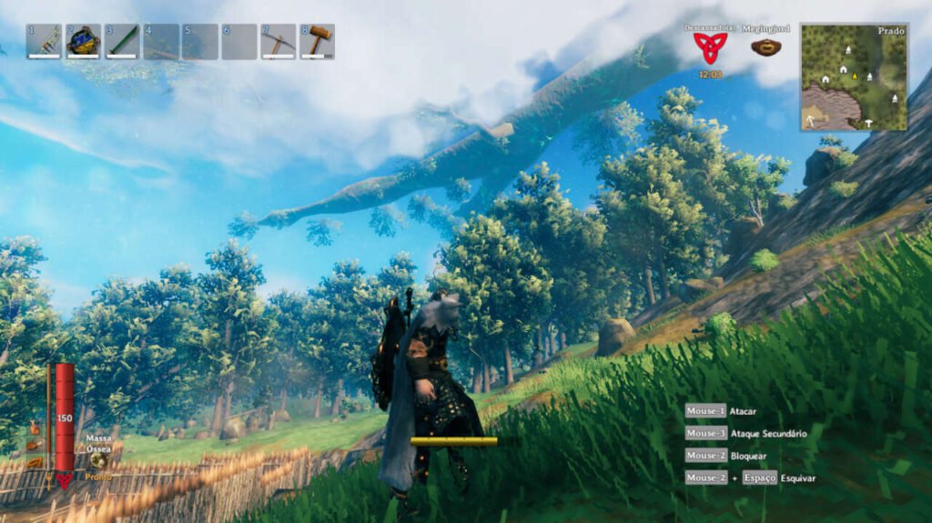 Jogador subindo uma encosta enquanto observa um galho da Yggdrasil, a Árvore do Mundo.