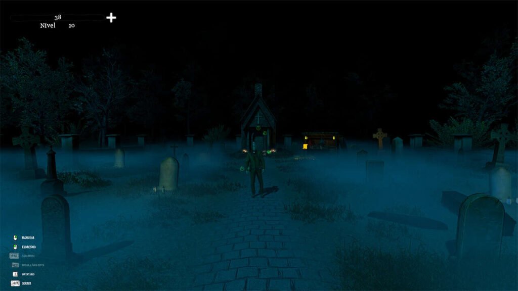 O Cardeal no meio de um cemitério escuro e enevoado.