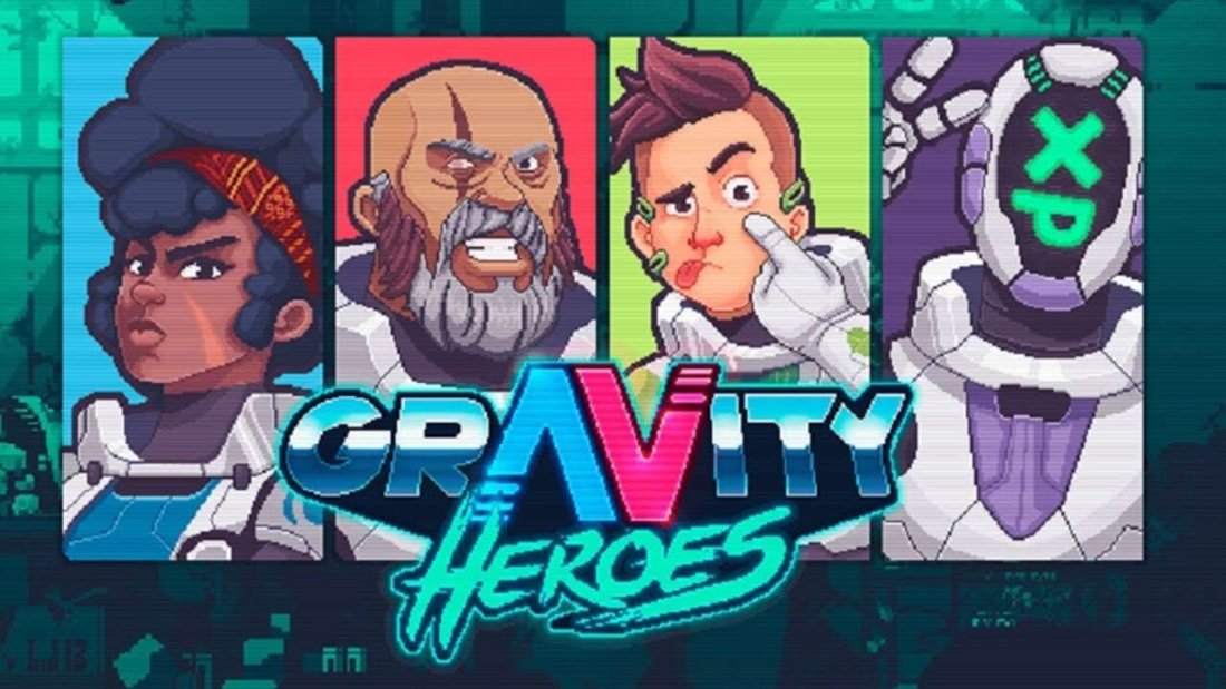 Imagem de divulgação do jogo Gravity Heroes com os 4 personagens principais