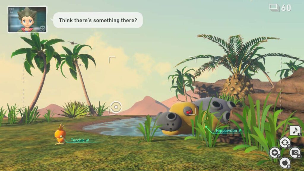 Um oásis no meio do deserto, com um Torchic e um Hippowdon.