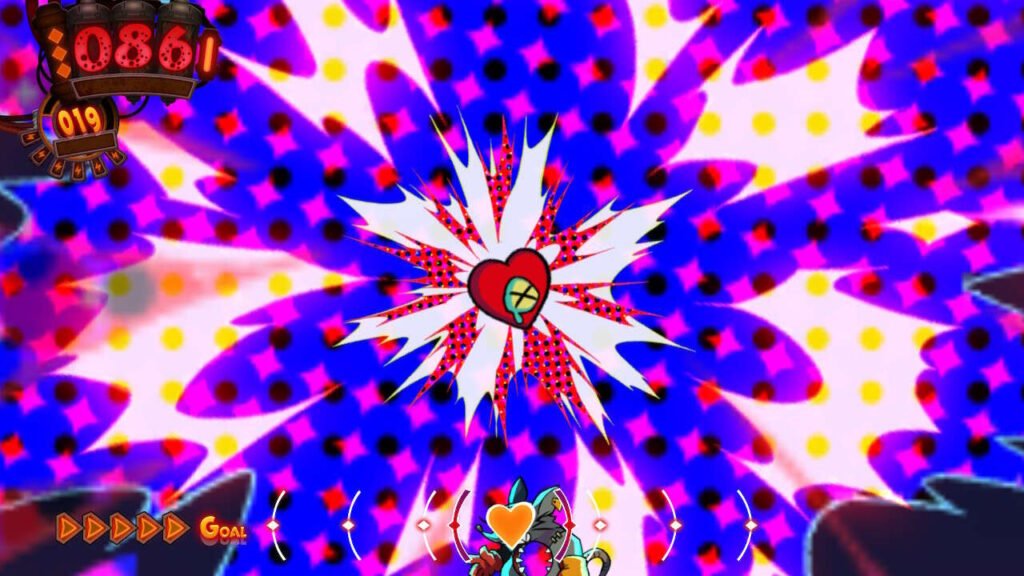 Na tela do jogo, o coração lacrimeja com um fundo de alucinação: cores gritantes e formas geométricas.