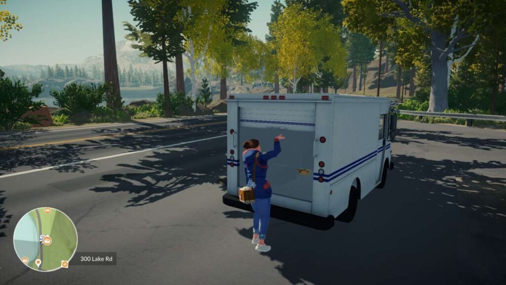 Imagem da protagonista tirando encomendas de um caminhão em Lake.