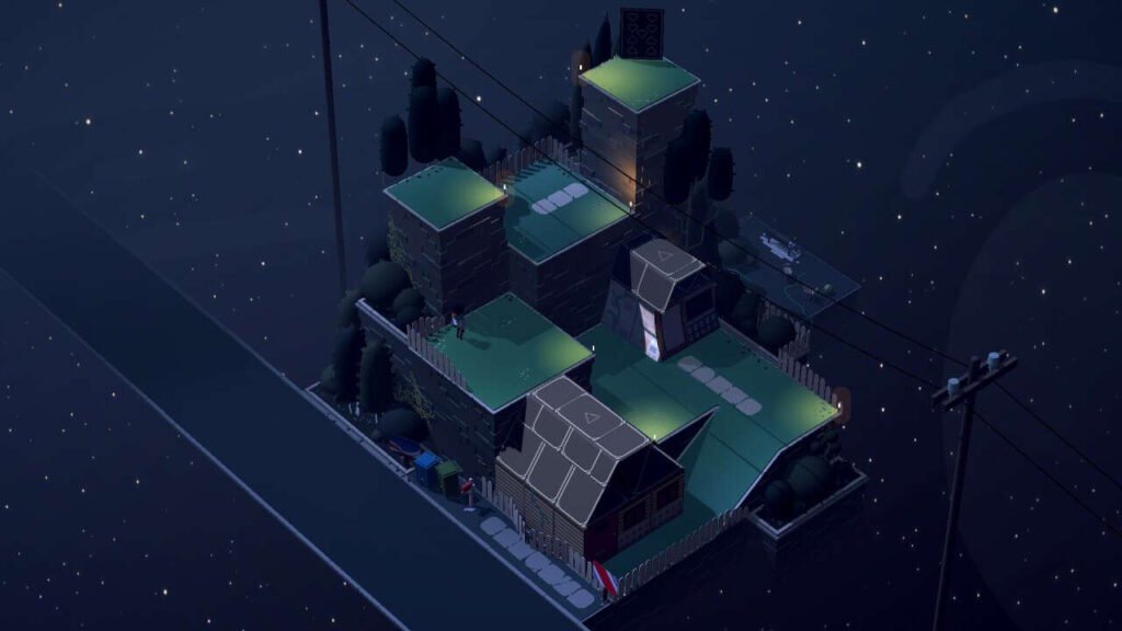 Screenshot de Where Cards Fall - Cenário externo com castelos de cartas montados, sob a luz do luar e da rua