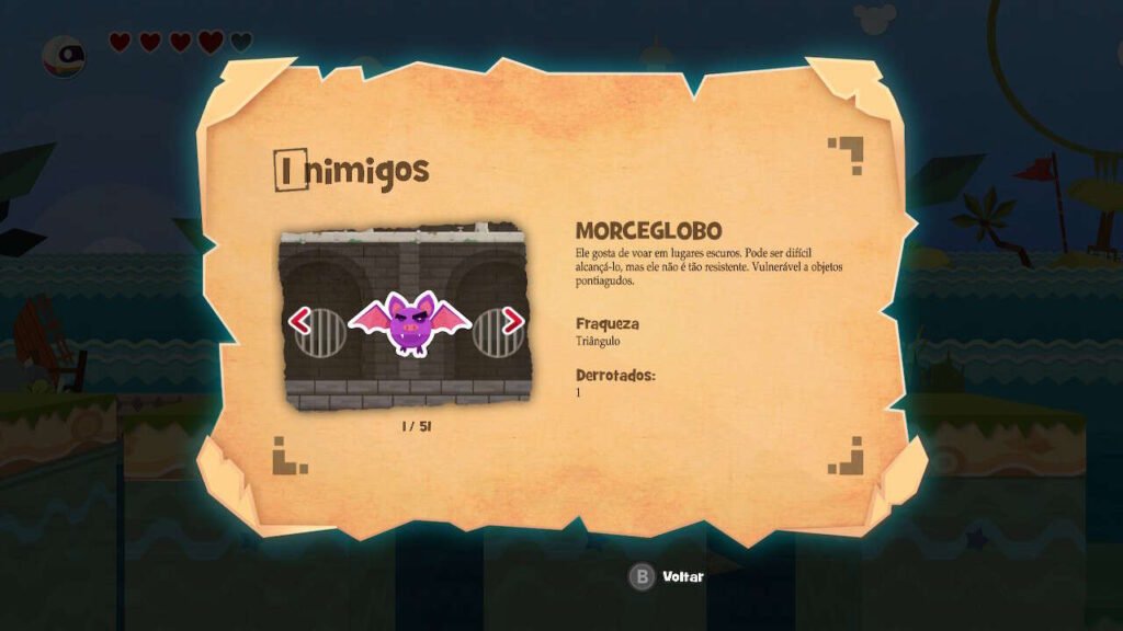 Screenshot de Flat Kingdom Paper's Cut Edition - No menu de pausa, podemos encontrar um log de inimigos encontrados pelos cenários também, onde há uma boa descrição e a fraqueza de cada um.