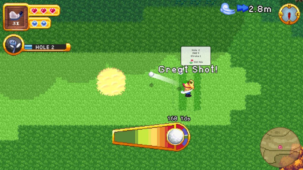 Cena da personagem dando uma tacada de golfe em RPGolf Legends.