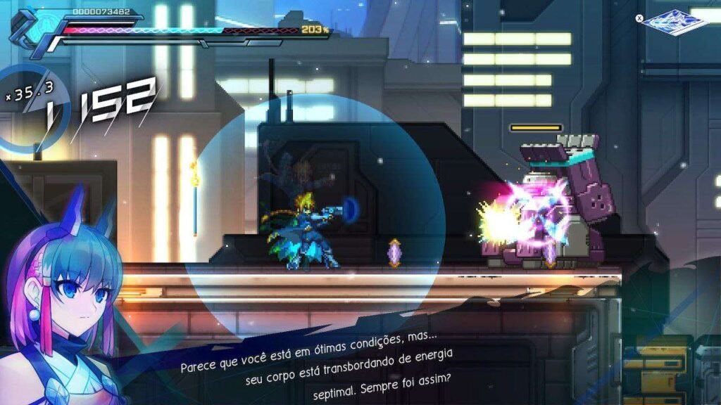 Gunvolt usando sua arma contra  um inimigo