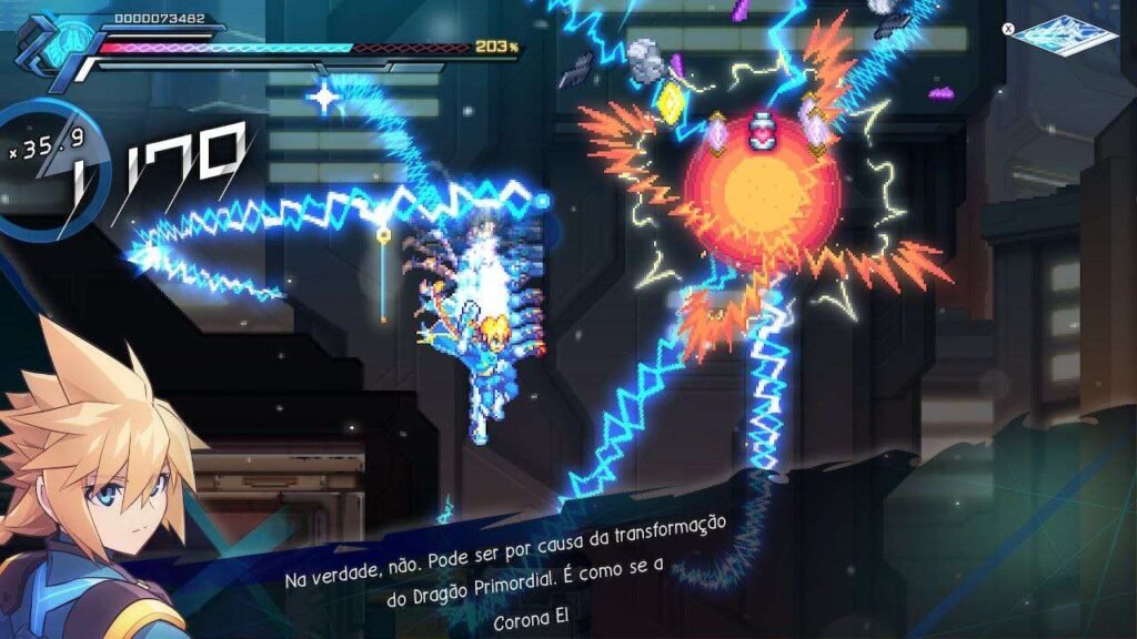 Gunvolt atacando com uma barragem de eletricidade