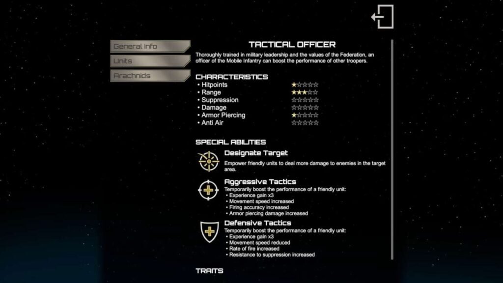 Screenshot de Starship Troopers: Terran Comand - Descrição completa de um oficial tático do jogo. Unidade excelente para encorajar as demais e enxergar mais adiante nos caminhos dos mapas.