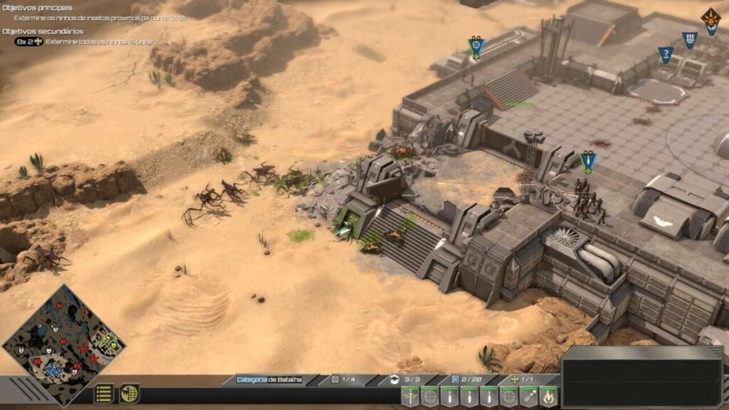 Screenshot de Starship Troopers: Terran Comand - Defender fortes e centros de comunicação é essencial no jogo.