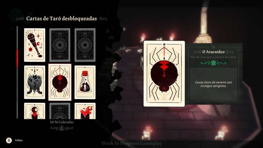 Screenshot de Cult of the Lamb - É cada carta linda nessa coleção... Todas elas ajudam bastante no decorrer do seu combate