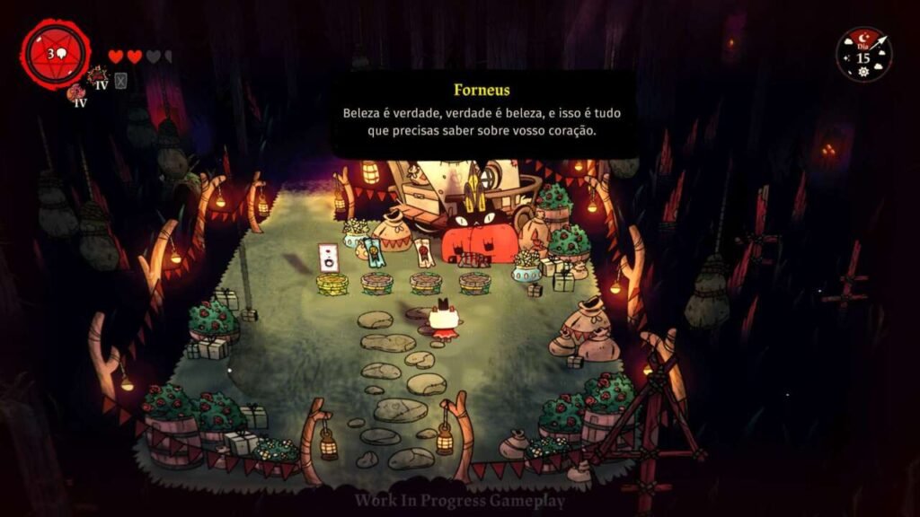 Screenshot de Cult of the Lamb - A sala em que você pode escolher um item entre 3 ou 4 é bem familiar a quem joga roguelites/roguelikes (além de ter esse gato preto muito simpático para conversar com cordeirinho)