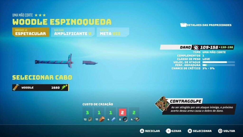 Menu de criação de armas