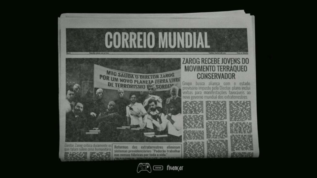 Screenshot de Esquadrão 51 - Uma clara insinuação aos movimentos políticos pró-governo autoritário, que faz referência ao passado e ao presente da realidade brasileira