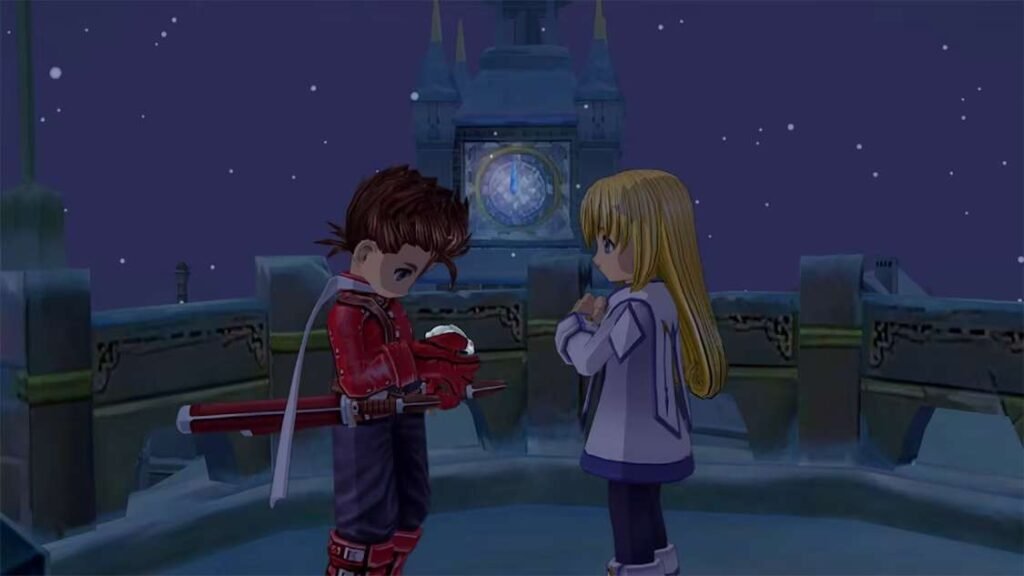 Imagem de Lloide e Colette conversando com uma torre de relógio ao fundo em Tales of Symphonia.