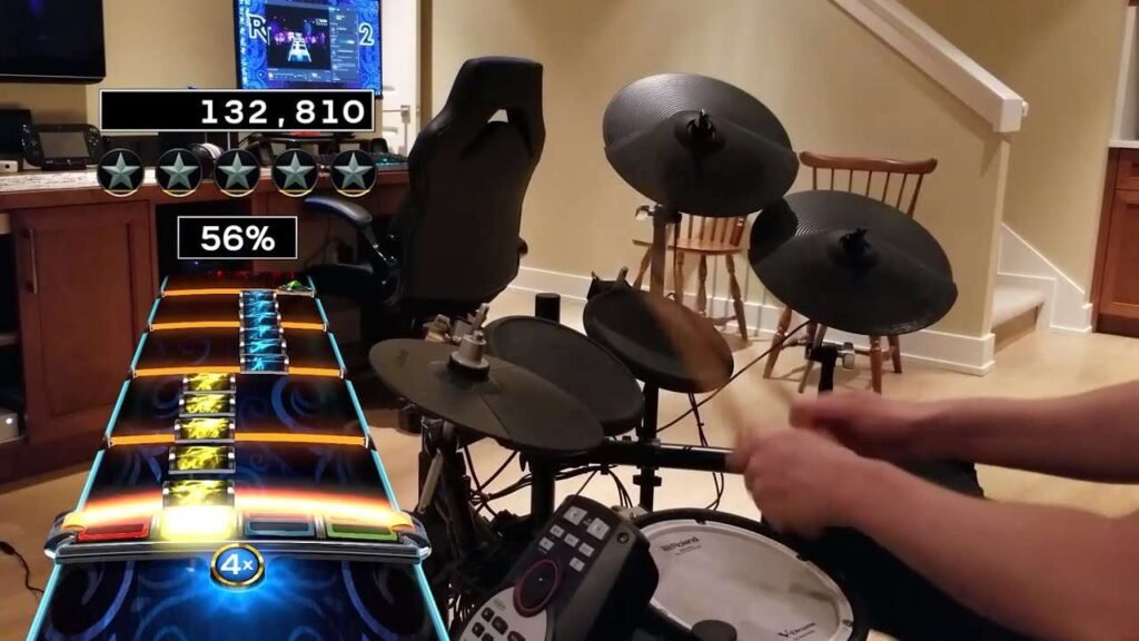 Bateria profissional sendo usada em Rock Band 3