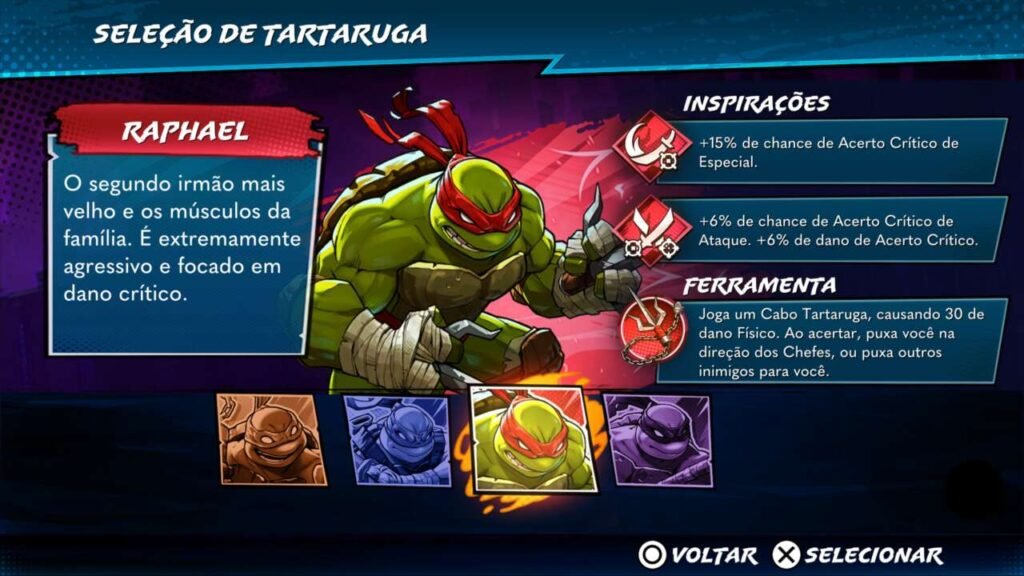 Seleção de personagem em Teenage Mutant Ninja Turtles: Splintered Fate