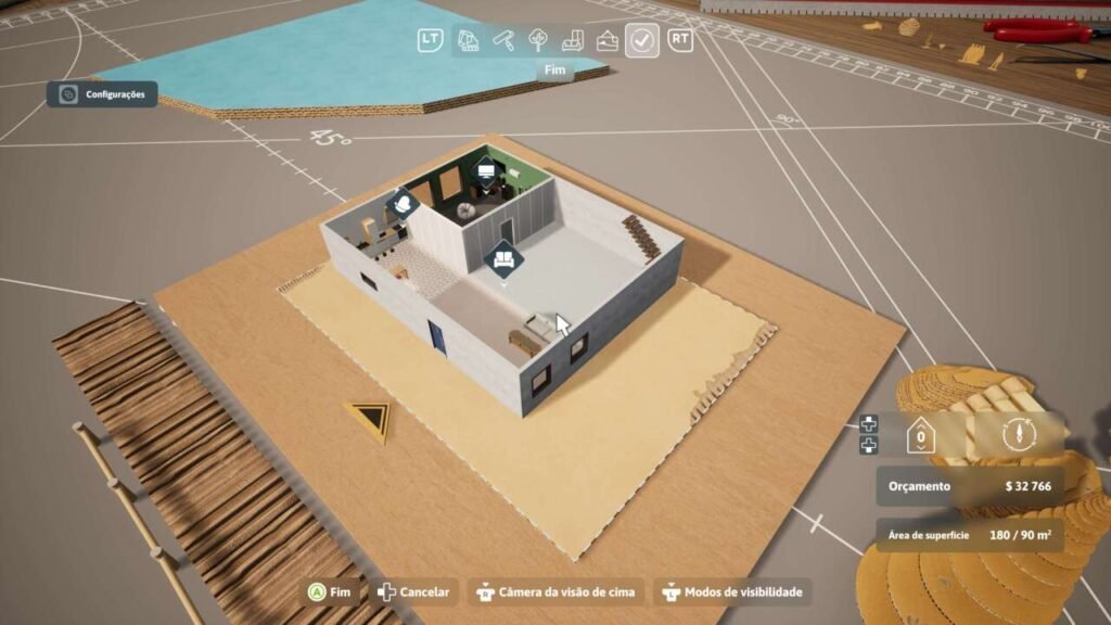 No centro, vemos a projeção de uma casa parcialmente construída, com paredes externas visíveis, portas posicionadas e alguns móveis sugerindo a disposição dos cômodos. A estrutura está sobre uma base de madeira