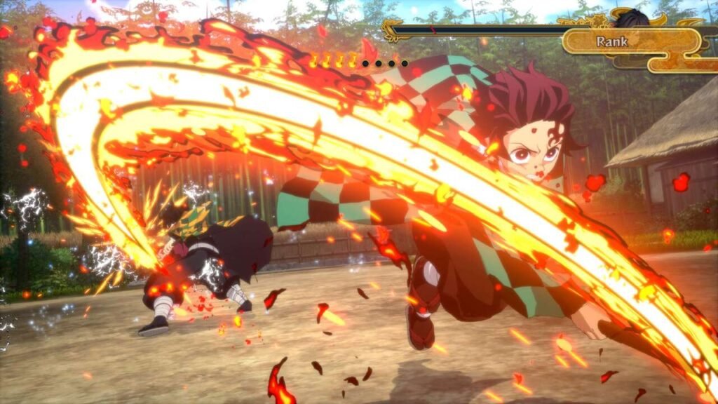 Tanjiro Kamado, o personagem principal, aparece em destaque realizando um golpe com sua espada envolta em chamas.