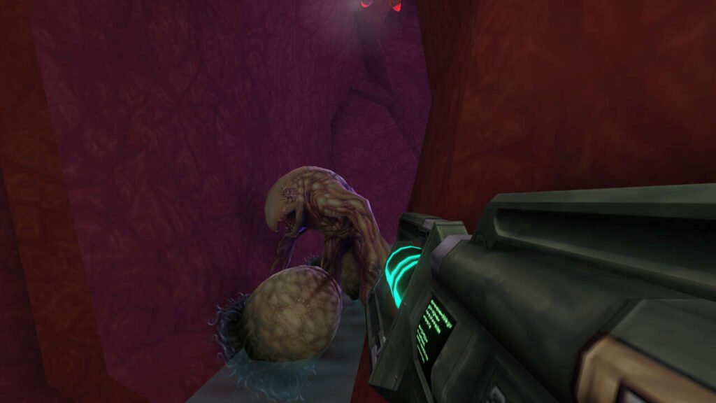 Utilizando uma das armas de energia presentes no System Shock 2.