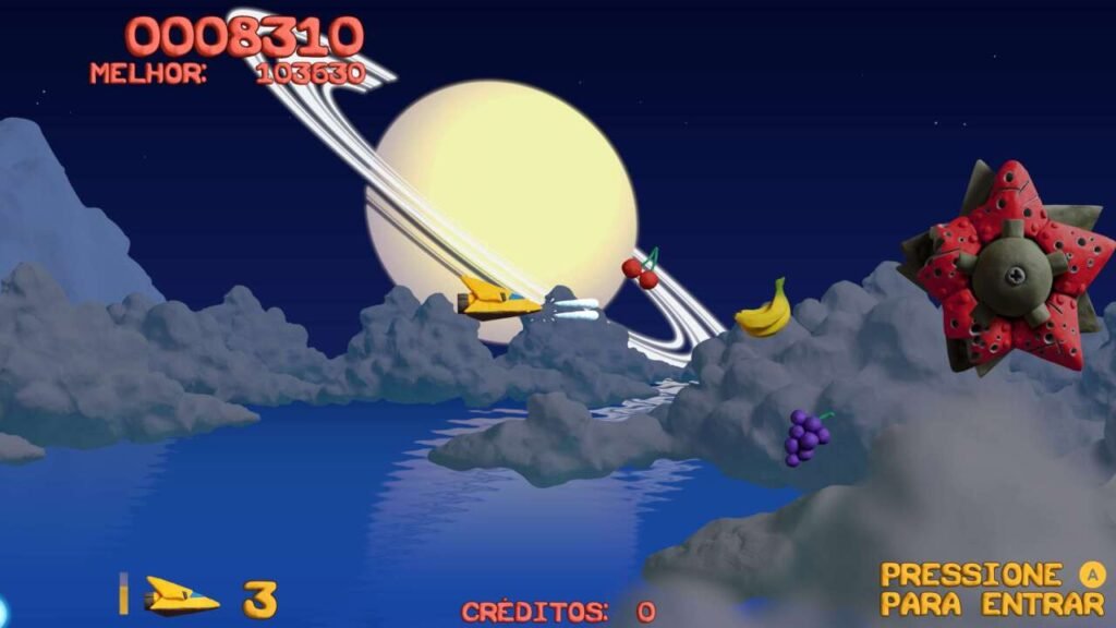 Sobrevoando sob um oceano, onda ao fundo temos um corpo celeste e se deparando ao mesmo tempo com um inimigo mais forte que possui um formato de estrela. Frutas caem pela tela para garantir pontos ao jogador.