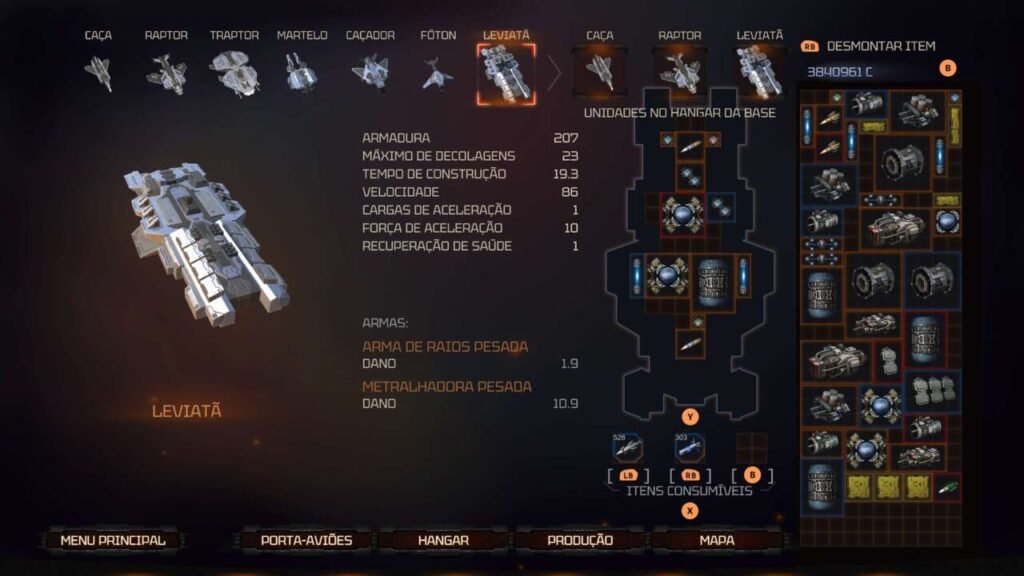 Menu de equipamento de sua nave. Podendo escolher dentre todas disponíveis, equipando-as cada uma com vantagens únicas. 