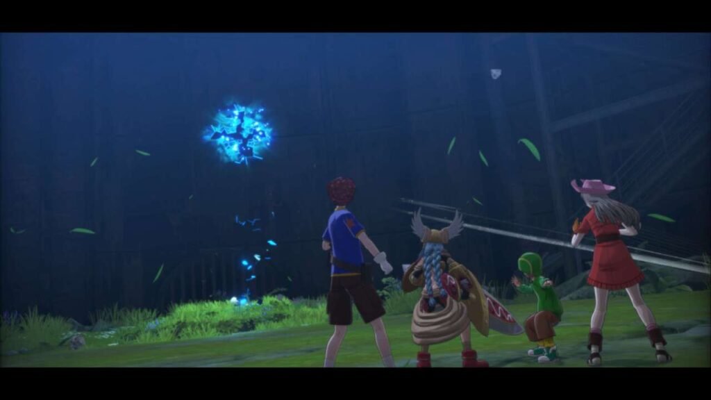 Há um grupo de quatro personagens. O primeiro é um jovem de cabelo castanho com camiseta azul e shorts. A seu lado, há uma figura com um elmo com asas e longas tranças azuis, e um pequeno Digimon com roupa verde. À direita do grupo, está uma jovem com um vestido vermelho.