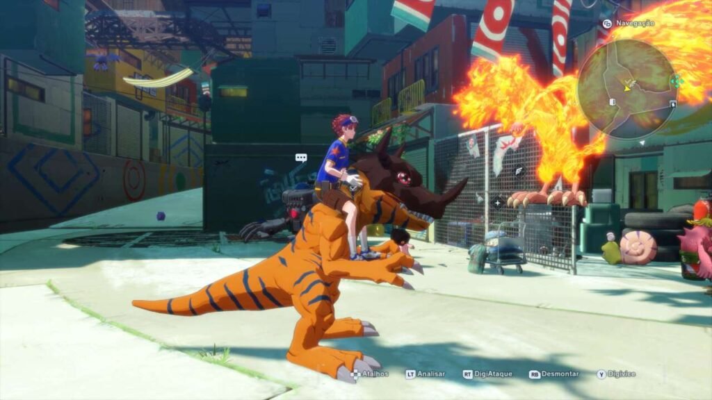 O personagem com cabelo vermelho e camisa azul está montado nas costas de um Greymon. O Digimon está em uma pose de movimento, como se estivesse pronto para correr ou atacar.