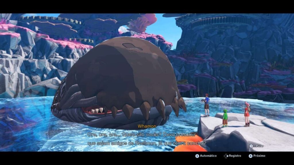 No centro da imagem, o Digimon gigante Whamon, que se assemelha a uma baleia com dentes, está emergindo da água e se comunicando com o grupo do jogador.