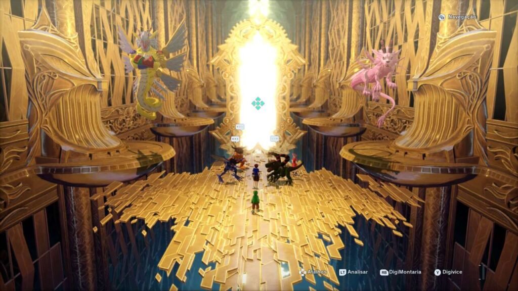 No centro da tela, um grupo de personagens pequenos, que incluem os protagonistas e seus Digimons parceiros, estão no meio de uma plataforma. Eles estão de frente para dois Digimons gigantes que guardam a entrada do salão principal.