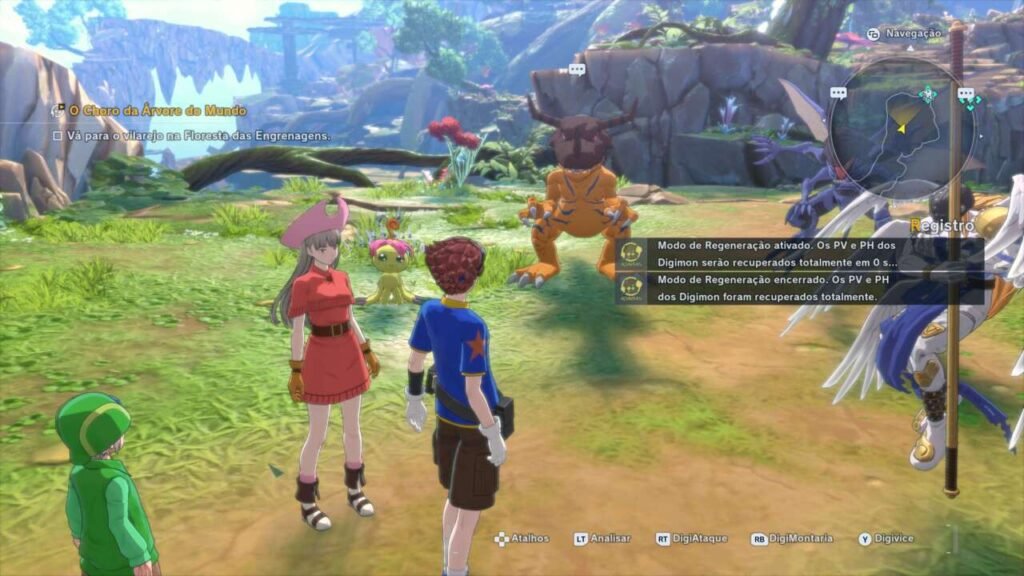 A cena se passa em um ambiente natural e aberto, onde vemos Greymon, Kabuterimon, Angemon e Palmon. Além dos personagens principais do jogo