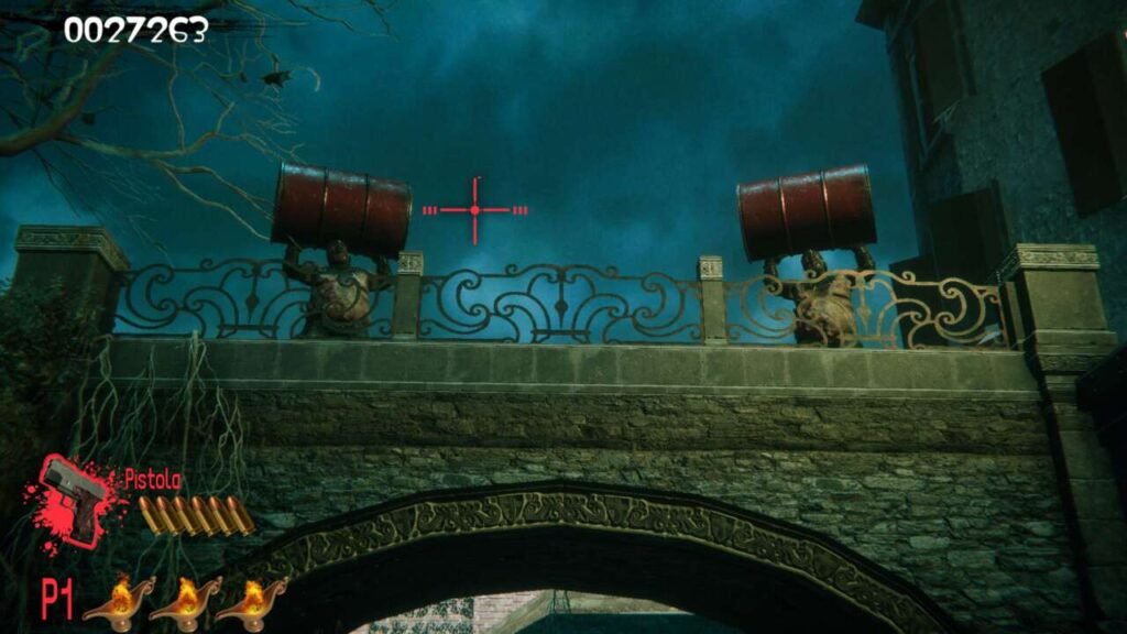 Temos dois zumbis em cima de uma ponte, segurando barris.