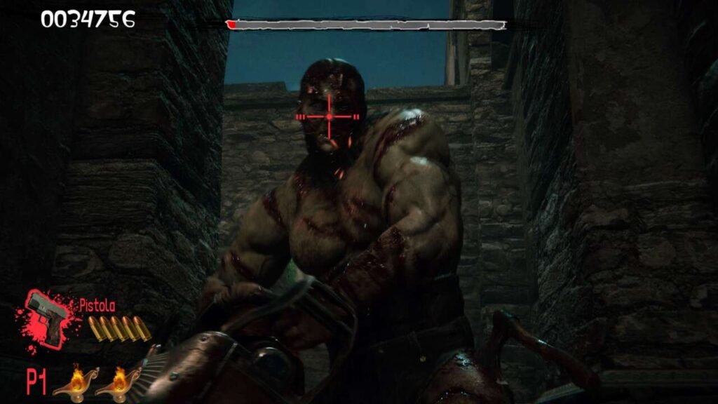 Um chefe poderoso persegue o jogador com uma motosserra gigante.