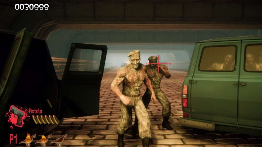 Dois zumbis saem de dentro de um carro e atacam o jogador, enquanto outros dois estão presos dentro de outro carro.