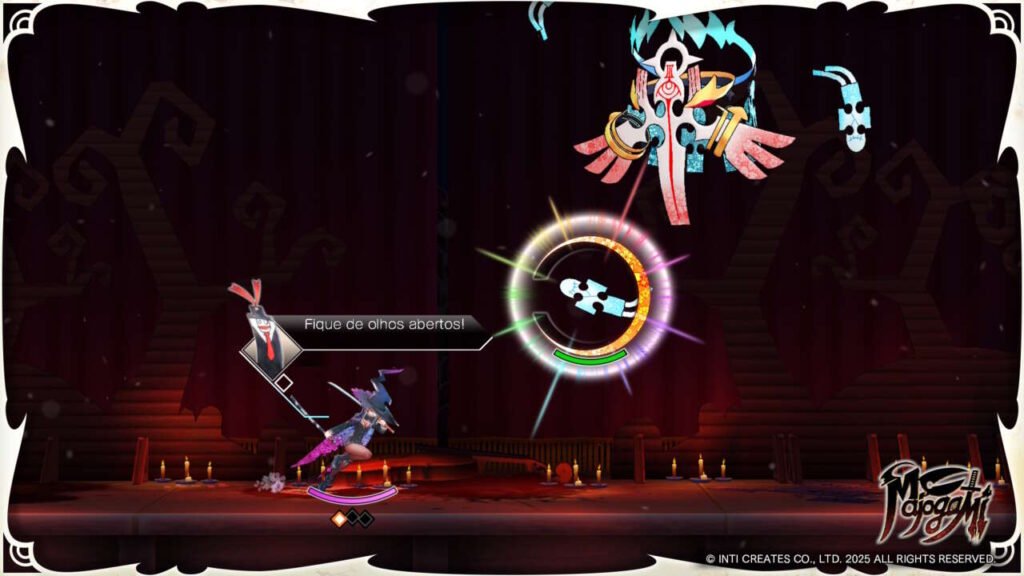 Caso o inimigo precise ser atingido por um ângulo específico, isso também é mostrado na tela