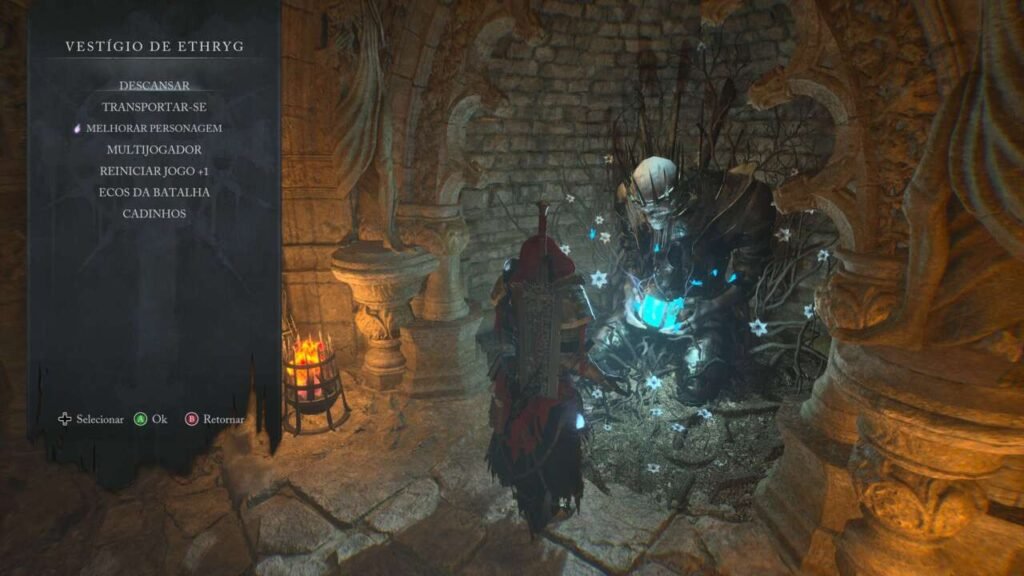 Outra característica do gênero é a "fogueira" para descansar, melhorar seu personagem e realizar outras interações.