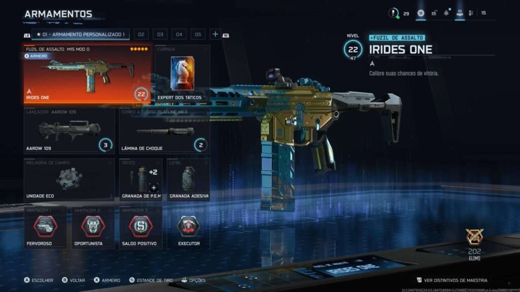 A imagem exibe a tela de personalização de armamentos, apresentando o fuzil de assalto Irides One com suas opções de acessórios, camuflagem e vantagens.