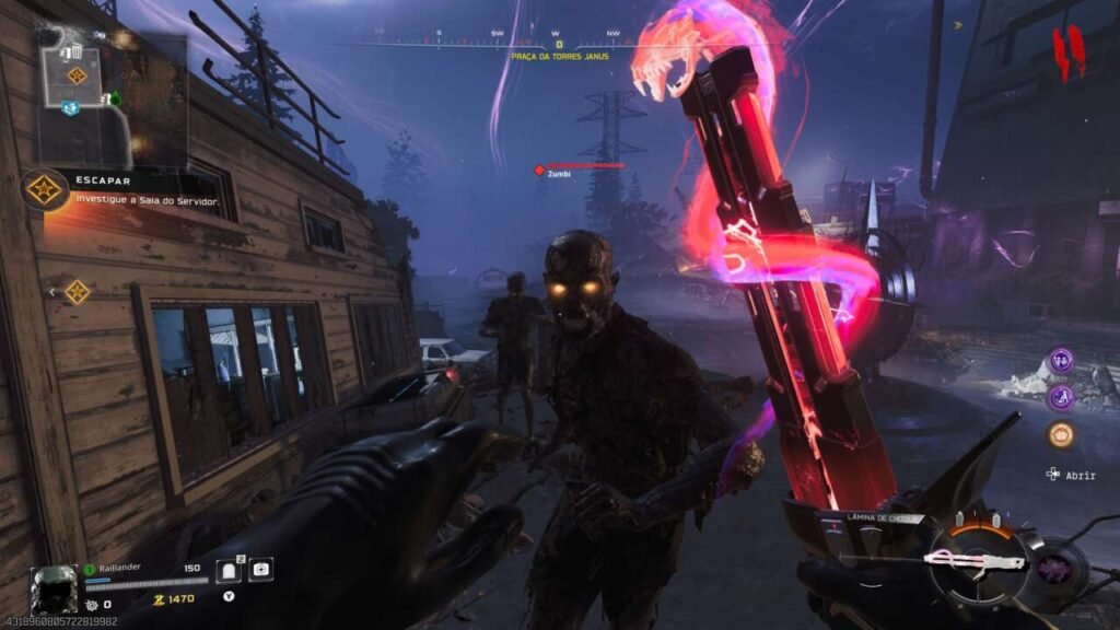 A imagem mostra o jogador lutando contra zumbis utilizando uma arma corpo a corpo brilhante. O HUD do jogo exibe objetivos de missão e estatísticas do jogador.