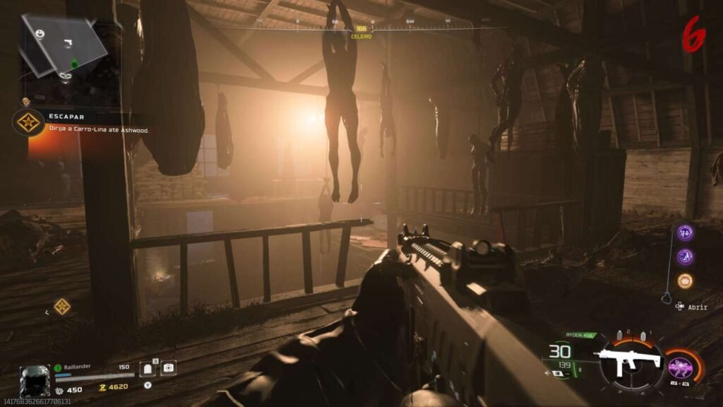 Um celeiro sombrio com vários corpos pendurados.