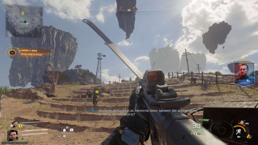 Na visão em primeira pessoa, vemos a arma do jogador, um cenário com rochas flutuantes e um facão gigante fincado na terra.