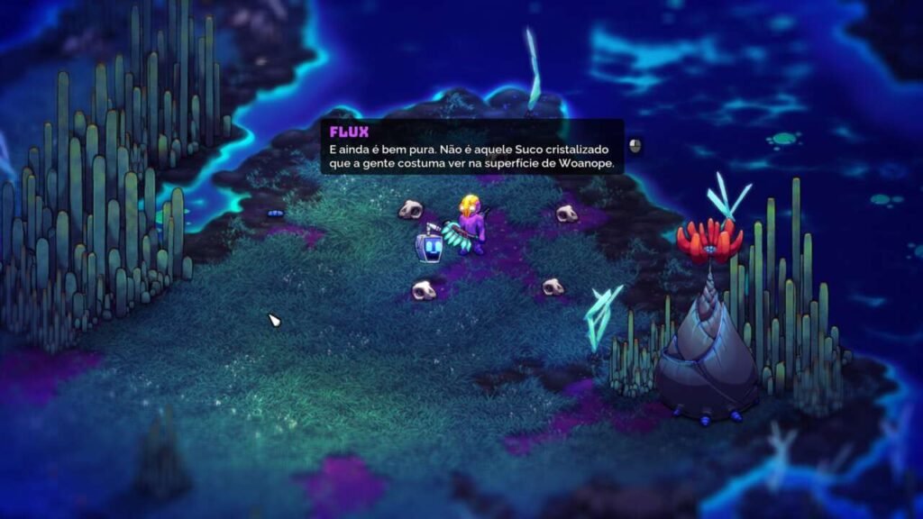 O cenário apresenta um terreno escuro com manchas brilhantes em tons de azul e verde, cercado por estruturas altas e finas que lembram cristais ou plantas luminosas. No centro da imagem está um personagem chamado Flux, em pé sobre uma área gramada rodeada por pequenos crânios. Ele segura uma lanterna e está falando, como indicado pela caixa de diálogo acima dele.