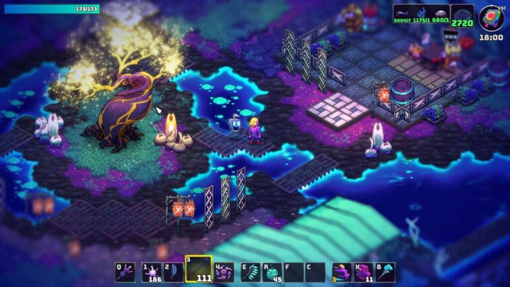 Vemos o personagem em pé próximo a uma árvore brilhante com galhos amarelos e tronco escuro, cercado por poças de água bioluminescentes. O ambiente mistura elementos naturais e tecnológicos, criando uma atmosfera mística e futurista.