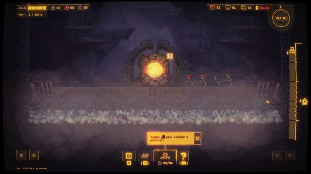 A plataforma de perfuração está pronta para ser lançada. Temos 4 operários em cima dela aguardando ordens.