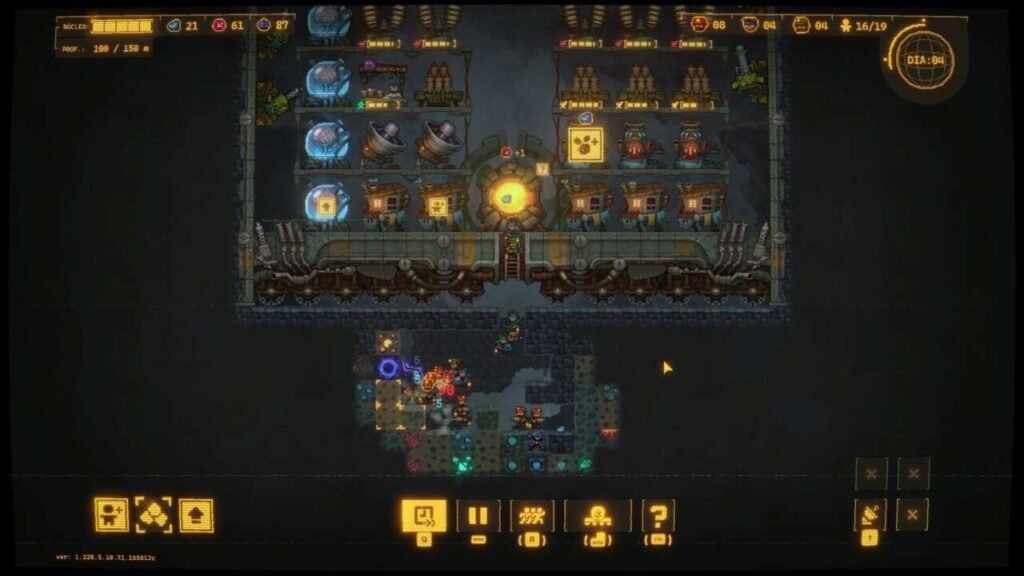 A base está em um nível elevado de melhoria com varias torres de defesa e centros de pesquisa. Os operários estão perfurando o solo buscando minerais e itens valiosos.