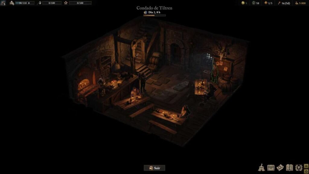 Interaja com NPCs, aceite contratos e recrute novos mercenários