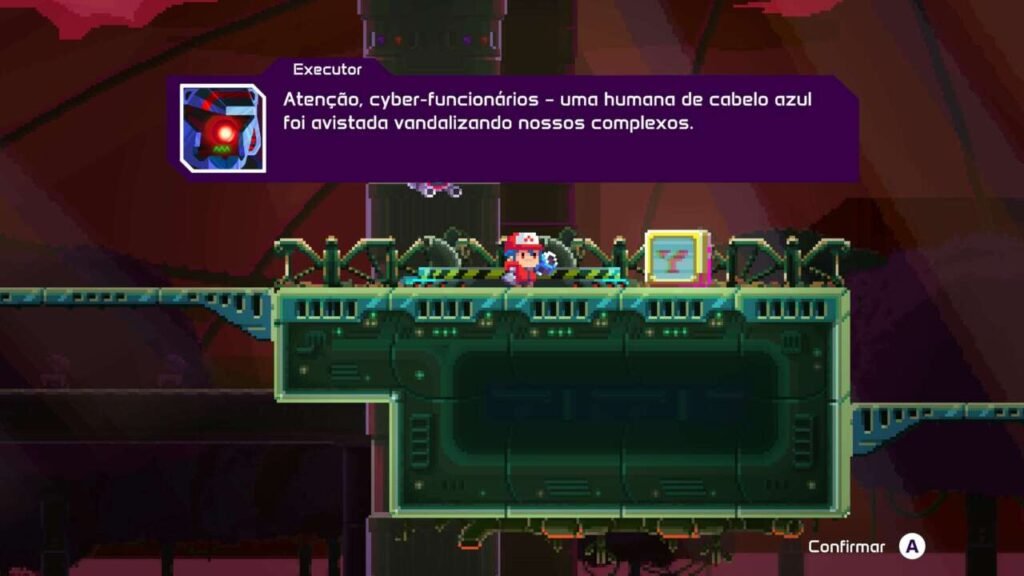 A personagem está parada em frente a uma caixa de itens, enquanto um robô comunica sobre a sua invasão no mapa.