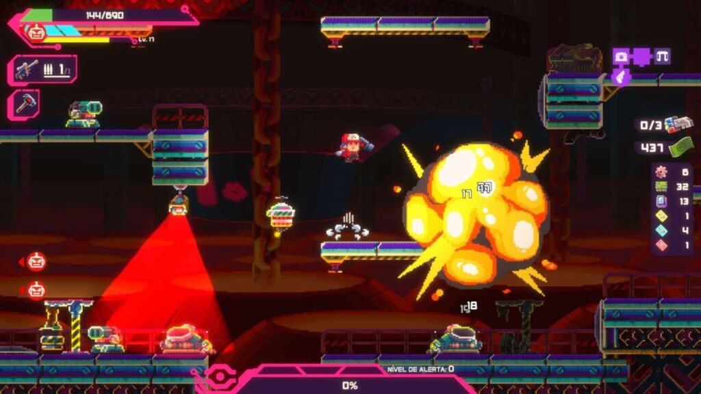 Lia está em confronto com vários inimigos em um cenário que se parece com uma fabrica. 