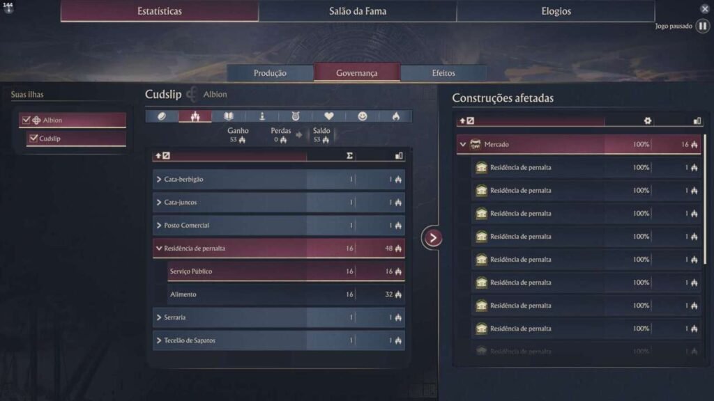 Interface de estatísticas do jogo