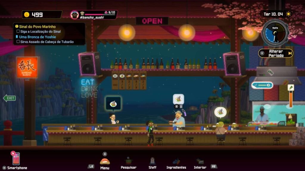 Gerencie um sushi bar todas as noites, servindo pratos e garantindo a satisfação de seus clientes